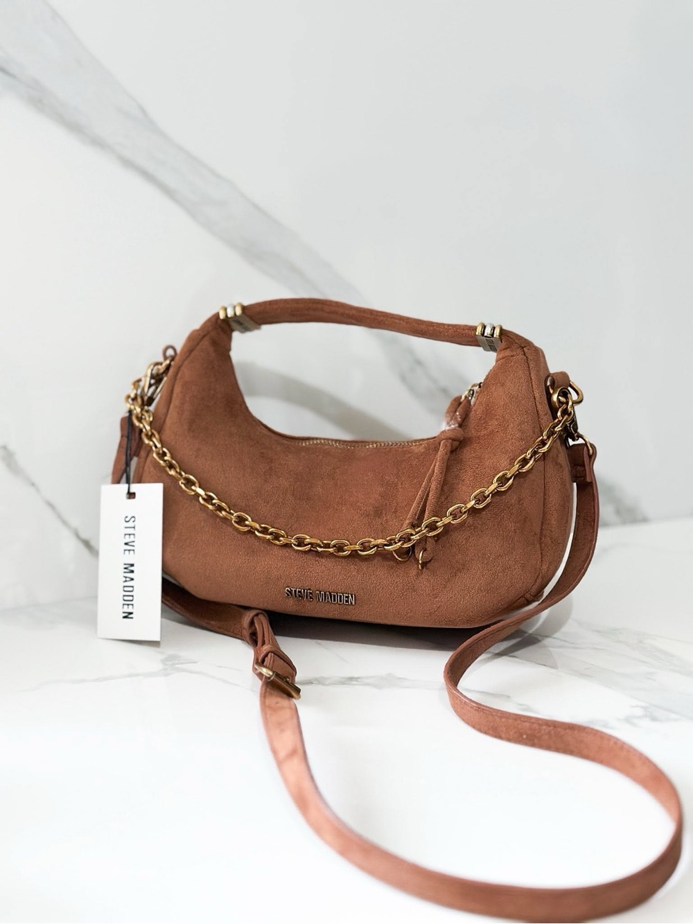 Steve Madden NWT Bpauley 2 Suede Shoulder Bag Latte Brown Gold Chain